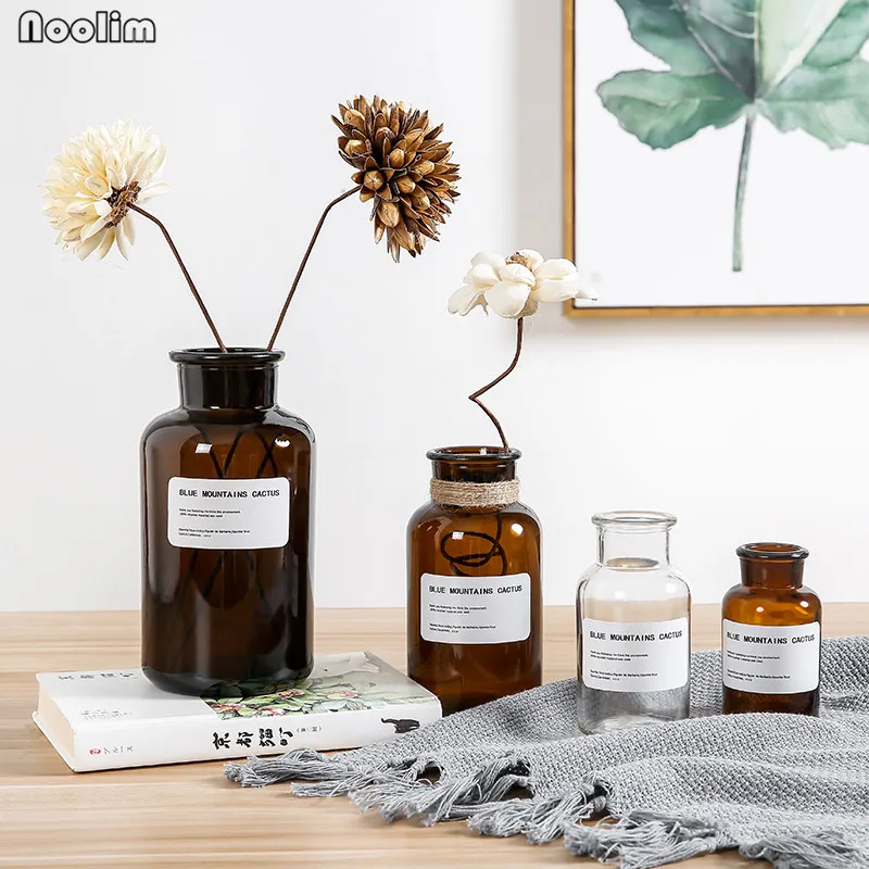 

NooLim 1 Pcs Nordic Style Transparent Brown Concise Glass Small Mouth Table Vases Pretty Desk Decorative Vases Home Decoration