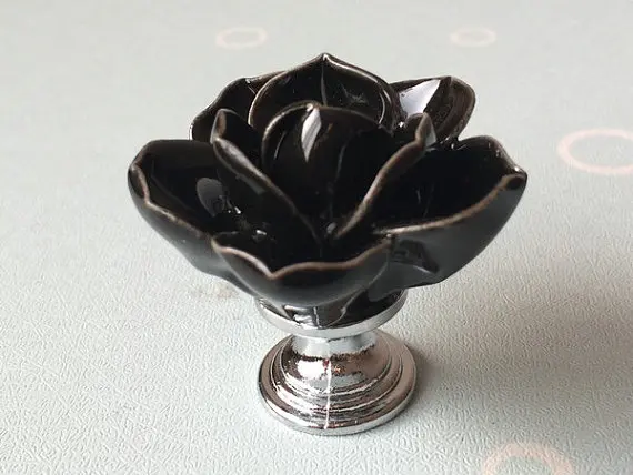 

Black Flower Cabinet Knob Dresser Knobs Drawer Knob Silver Kitchen Cabinet Pull Handle Ceramic Rustic Rose Lotus Hardware