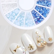 Смешанные размеры жемчужные с плоской задней частью 3D AB Стразы блестящие колеса Бусины для ногтей синий белый цвет Смешанные Украшения Ногтей Маникюр TR536