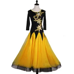 Платье для бальных танцев современный танец платье лоскутное аппликация желтый Flare Mesh платье подол 3/4 длина рукава
