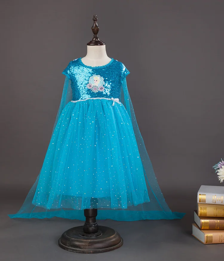 Голубое платье с блестками для маленьких девочек платья принцессы Эльзы для девочек детское платье Снежной королевы, фантазийный костюм с длинным шлейфом на год