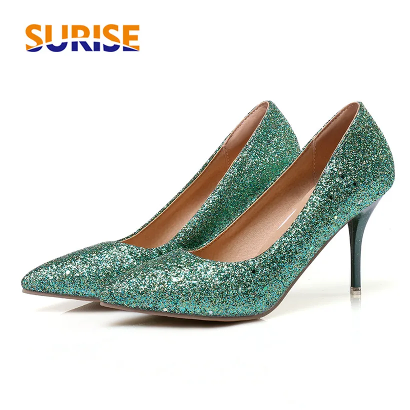 

Elegant Party Women Pumps 8cm High Spike Heel Bling Sequined Cloth Pointed Toe Slip On Casual Wedding Office Lady Thin Stiletto