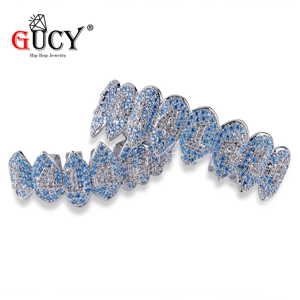 Najtaniej GUCY Iced Out Hip Hop 1414 zęby grillz Bling aaa sześcienne cyrkon kolor srebrny osiem 8 górne i dolne zęby wampira grille zestaw na prezent