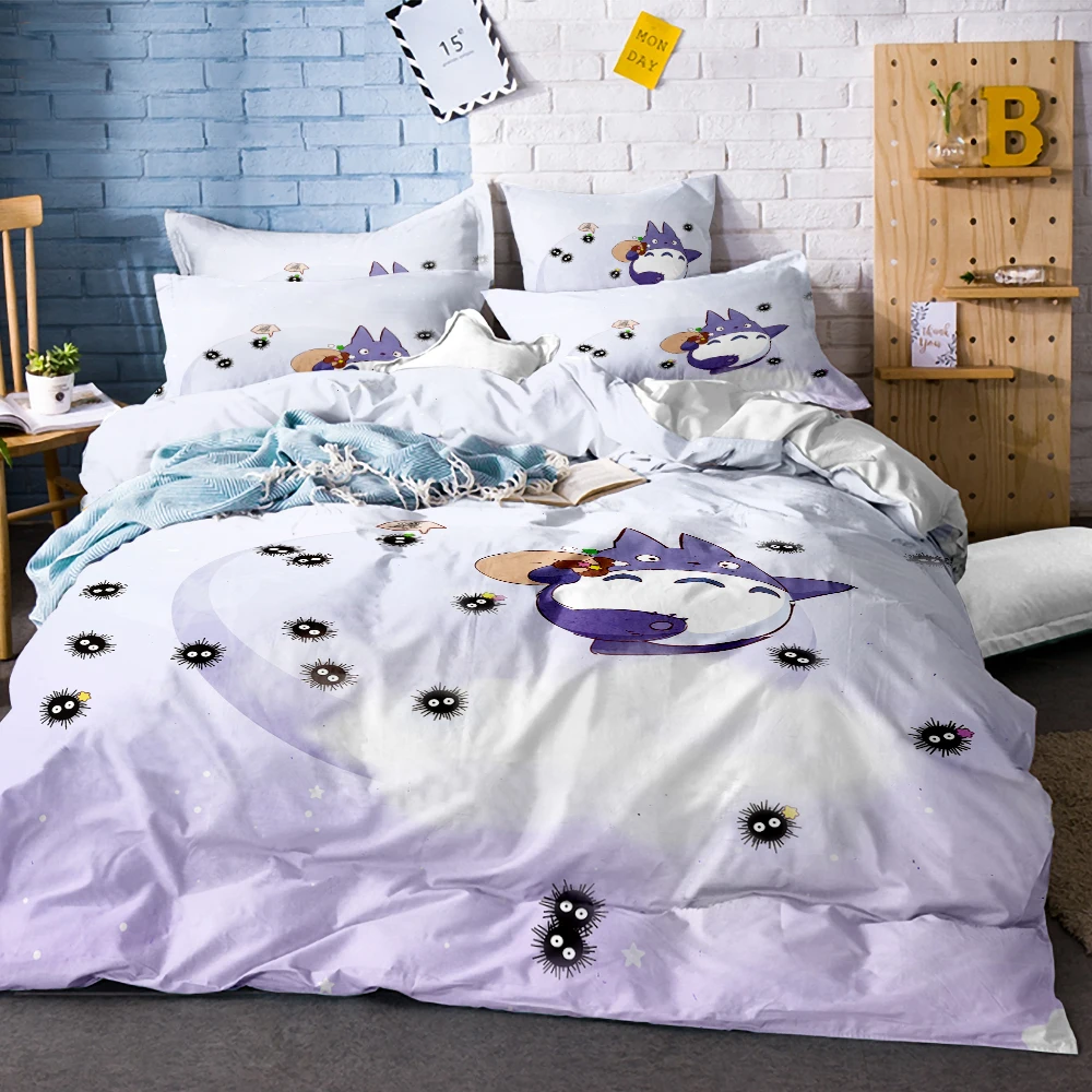 Набор пуховых одеял с 3D принтом фиолетового/белого Тоторо для прогулок, черный Susuwatari, с белыми звездами, 3 шт., аниме Тоторо, детский набор постельных принадлежностей для дома