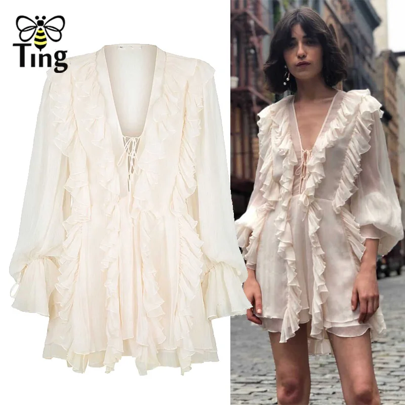 

Tingfly Designer Style Cascading Ruffles Lace Up Deep V neck Mini Dress Party Dresses Summer Sexy Street Wear Short Vestidos