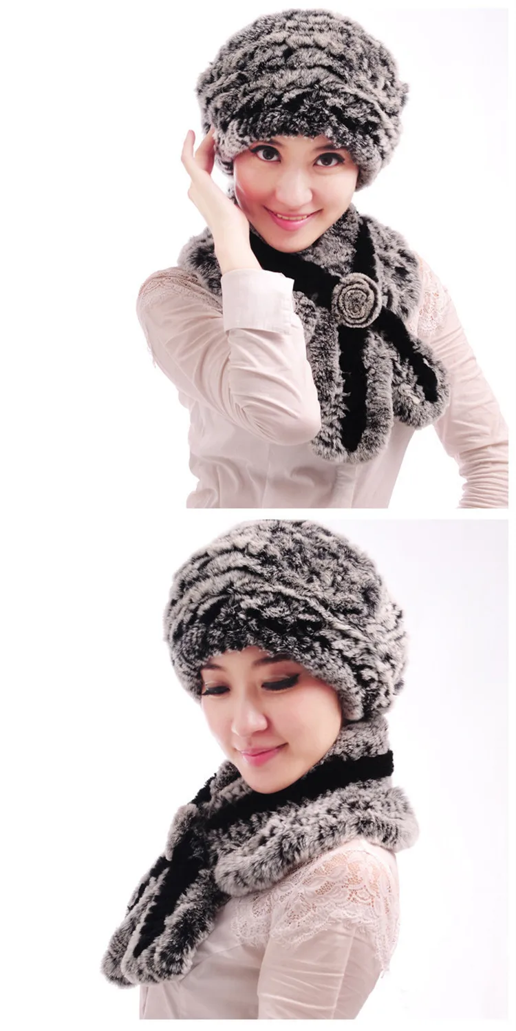 Натуральный мех Берет с шарфом комплект осенние зимние шапки-бини натуральный с мехом кролика, дамы ruffler меховая шапка и шарф вязаный мех H291