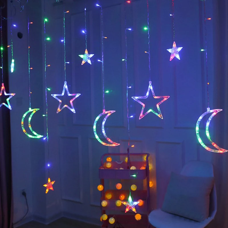 Рождественская гирлянда с Лунной звездой, светодиодный светильник-Гирлянда для занавесок, 220 В, 3,5 м, внутренний светодиодный вечерние садовые сцены, наружный декоративный светильник