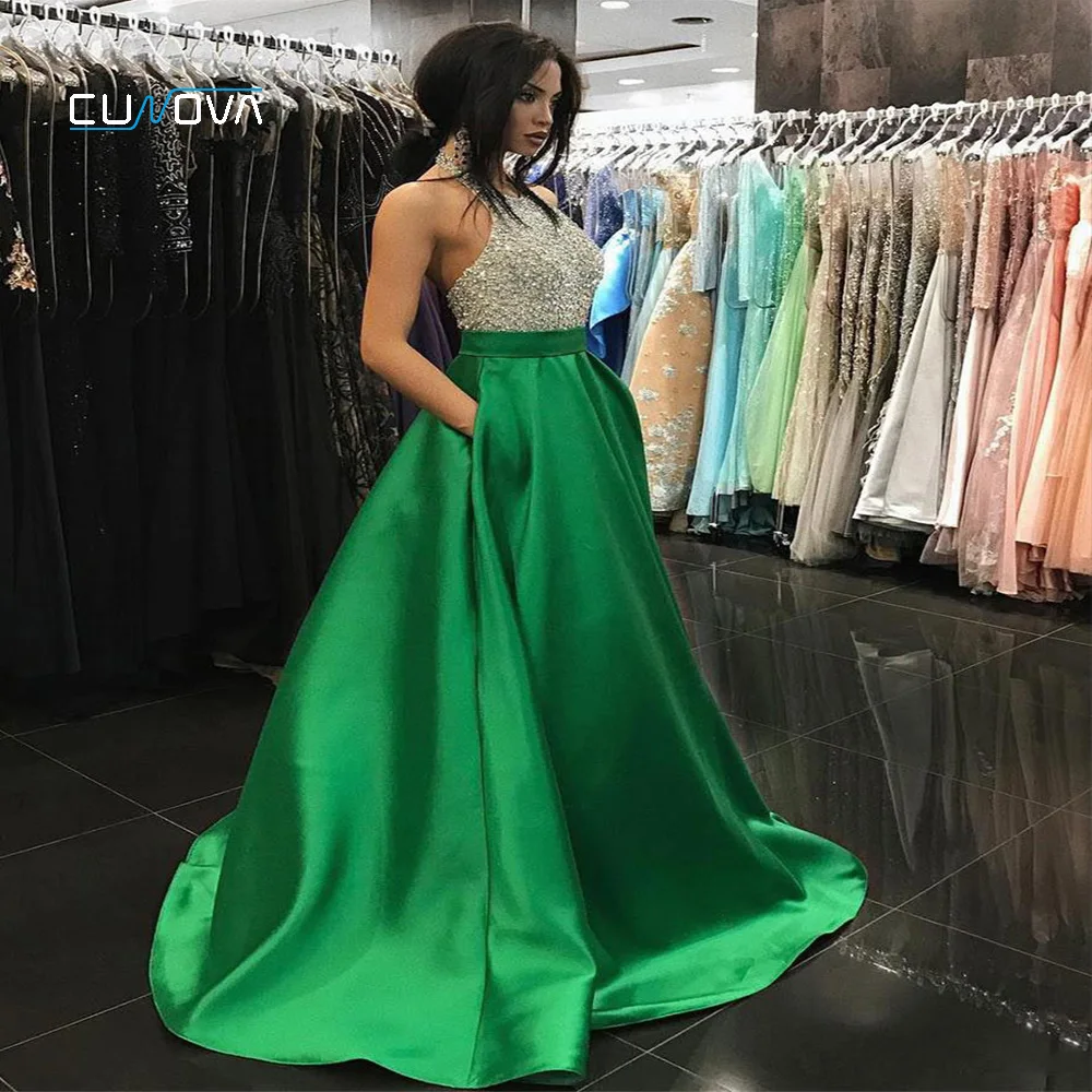 

Fashion Multi Color Beading Crystal Evening Dress 2019 Shining Satin Halter Neck Formal Party Gowns A-Line Backless Prom Gown