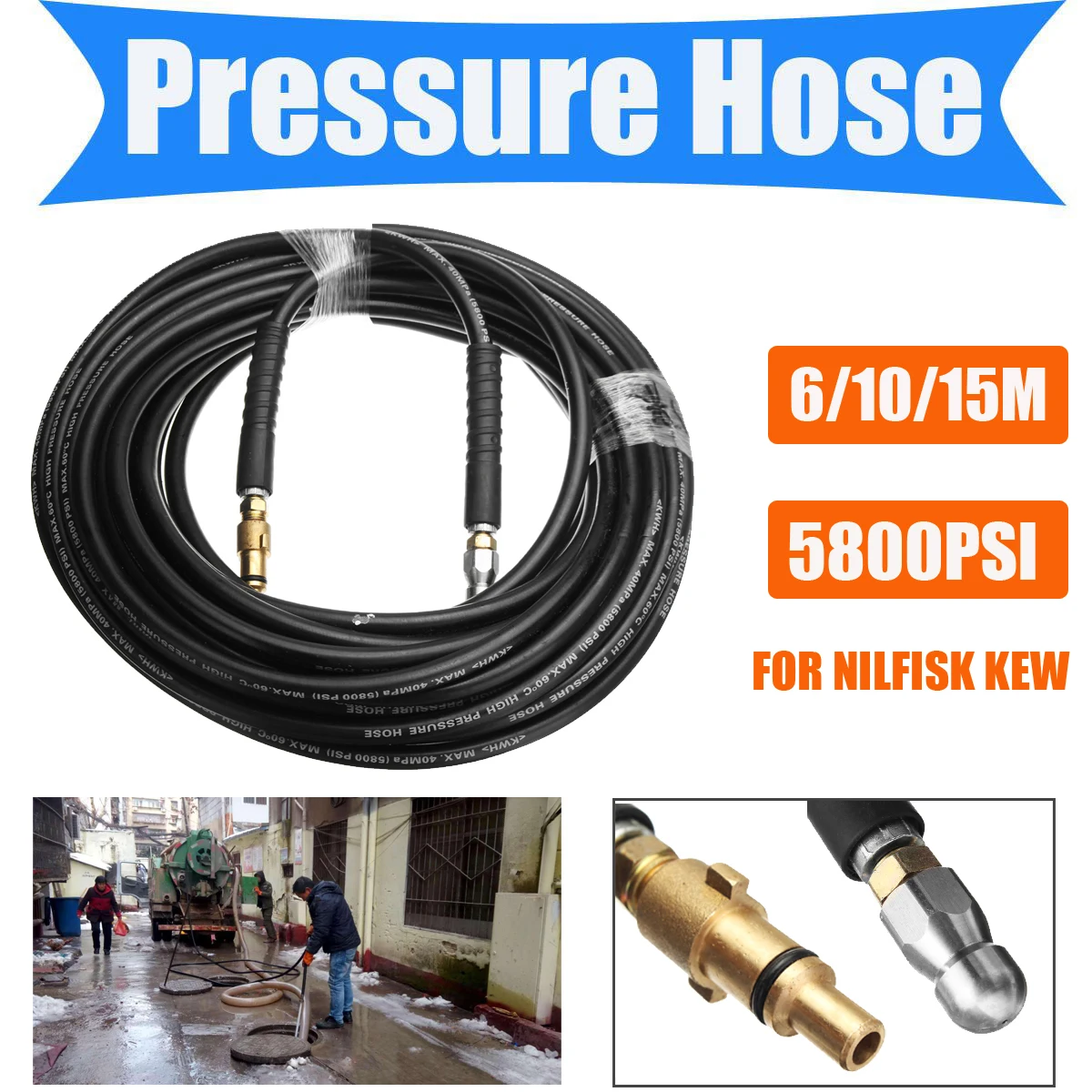 40MPa 5800PSI 6/10/15M High Pressure Drain Sewer Cleaning Hose for Car