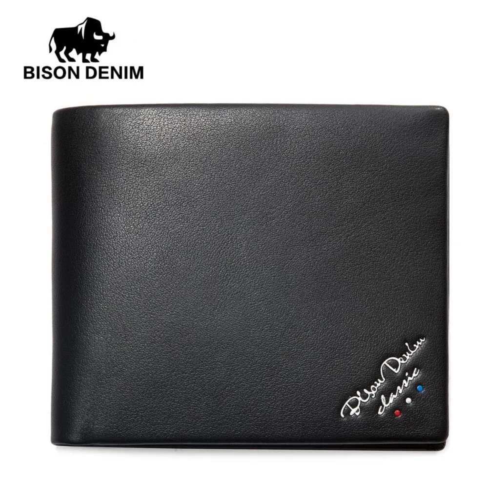

BISON DENIM brand fashion men genuine leather wallet slim business male card holder purse pocket wallet