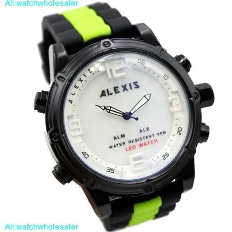 Бренд Alexis мужские часы сигнальная подсветка воды Сопротивление силиконовый черный с зеленый тон ремешок аналоговые цифровые светодиодные часы montre homme