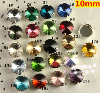 

21Colors for Choice,10mm 100pcs/Lot Rivoli Round Crystal With Claw Setting Sewing Glass Crystals stone for wedding dress,jewelry