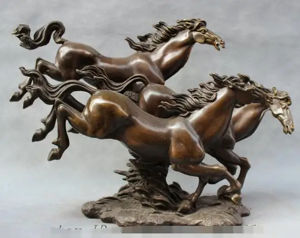 

S01689 18" Chinese Pure Bronze Folk Animals Zodiac FengShui Hurtling 3 Horse Statue B0403