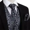 Designer Mens Classic Black Paisley Jacquard Folral Silk Waistcoat Vests Handkerchief Tie Vest Suit Pocket Square Set Barry.Wang 4