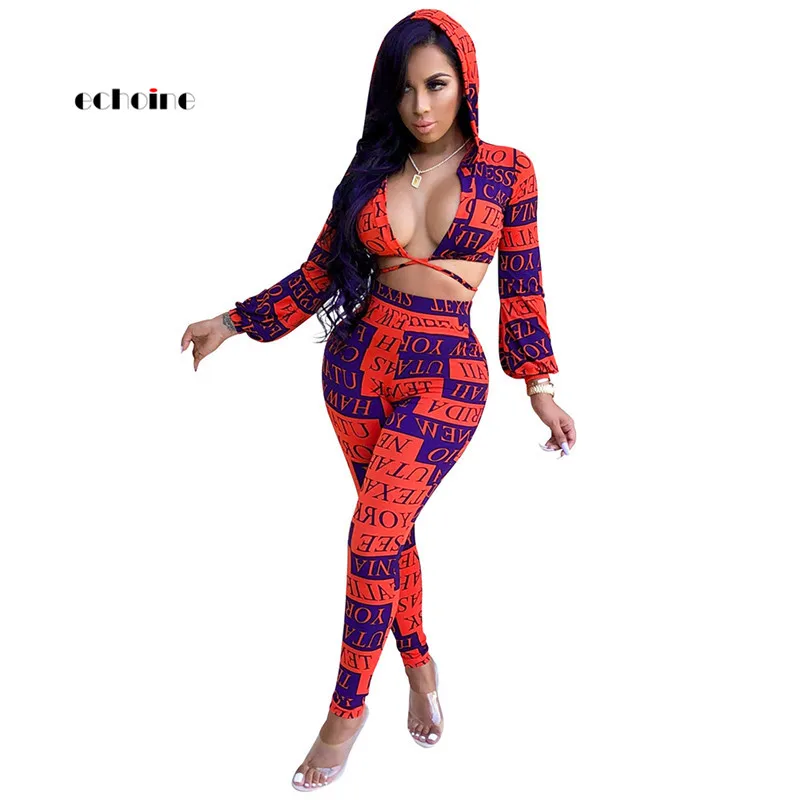 

Echoine Two Piece Set Women Letter Printed Cross Bandage Long Sleeve Hooded Neck Crop Tops Long Pants Sexy Suit Graceful Outfits