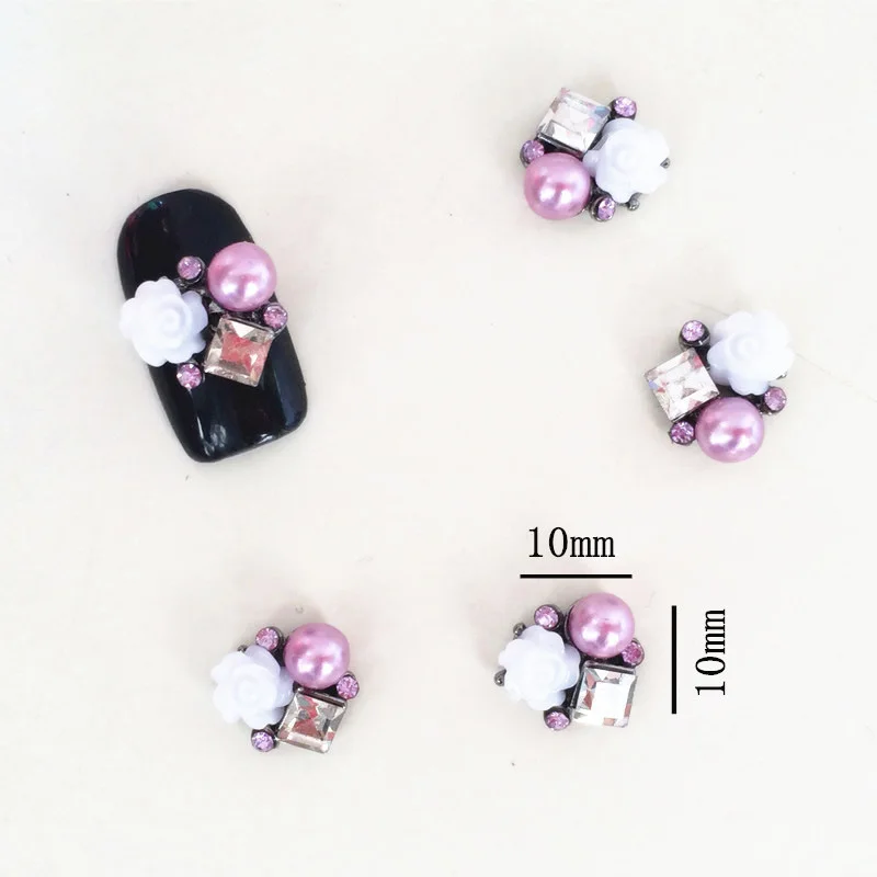 

New 10pcs 3D alloy nail art jewelry metal resin rose with glitter rhinestones and pearls nail art charms nail salon supplies