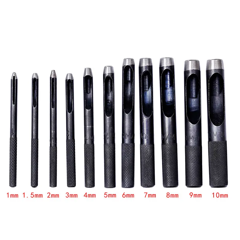 11 Size Round Carbon Steel Leather Craft Shank Hollow Hole Punch 1mm-10mm Leather Belt Band Gasket Punch Tools 1Pcs