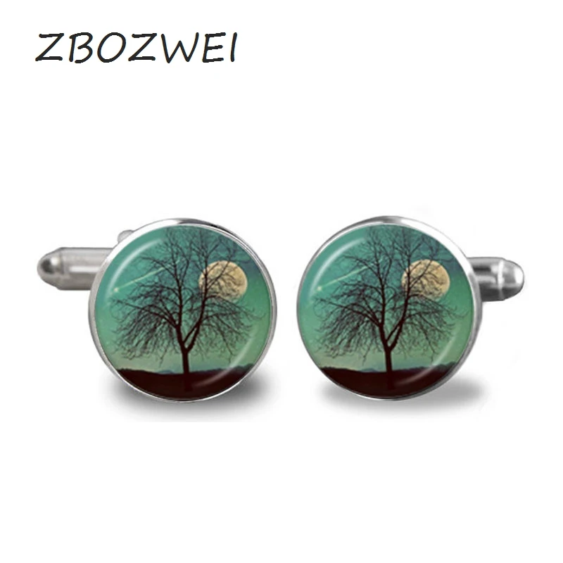 

ZBOZWEI 2018 Fashion Handmade Cufflink Tree of life and moon Art Picture Cabochon Glass Custom High Quality Cufflink Jewelry