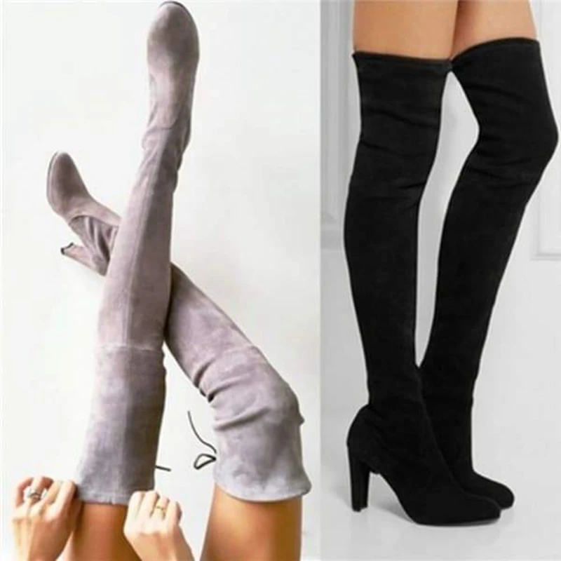 HEFLASHOR Fashion Female Winter Thigh High Boots Faux Suede Leather Solid High Heels Women Over The Knee Shoes Drop shipping