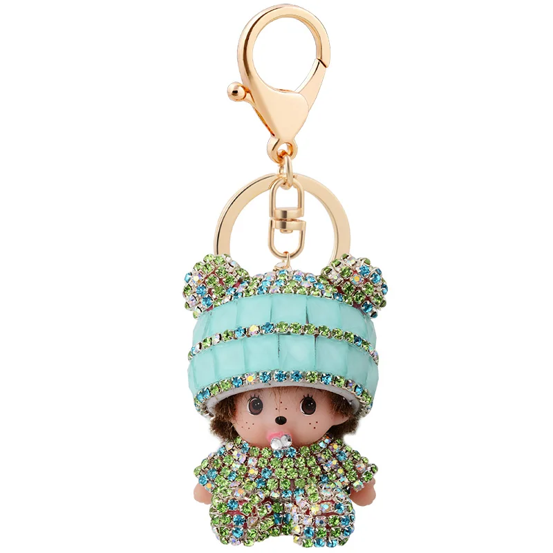 Cartoon Monchichi sleutelhanger keychain Crystal monchhichi Lovely car key chain ring holder women charm bag pendant