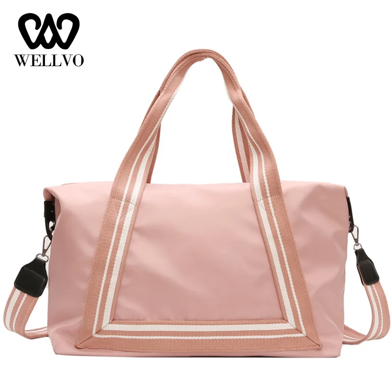 

Women Striped Travel Bag Durable Waterproof Nylon Big Duffle Bags Carry on Luggage Handbag Shoulder Tote For Female XA748WB