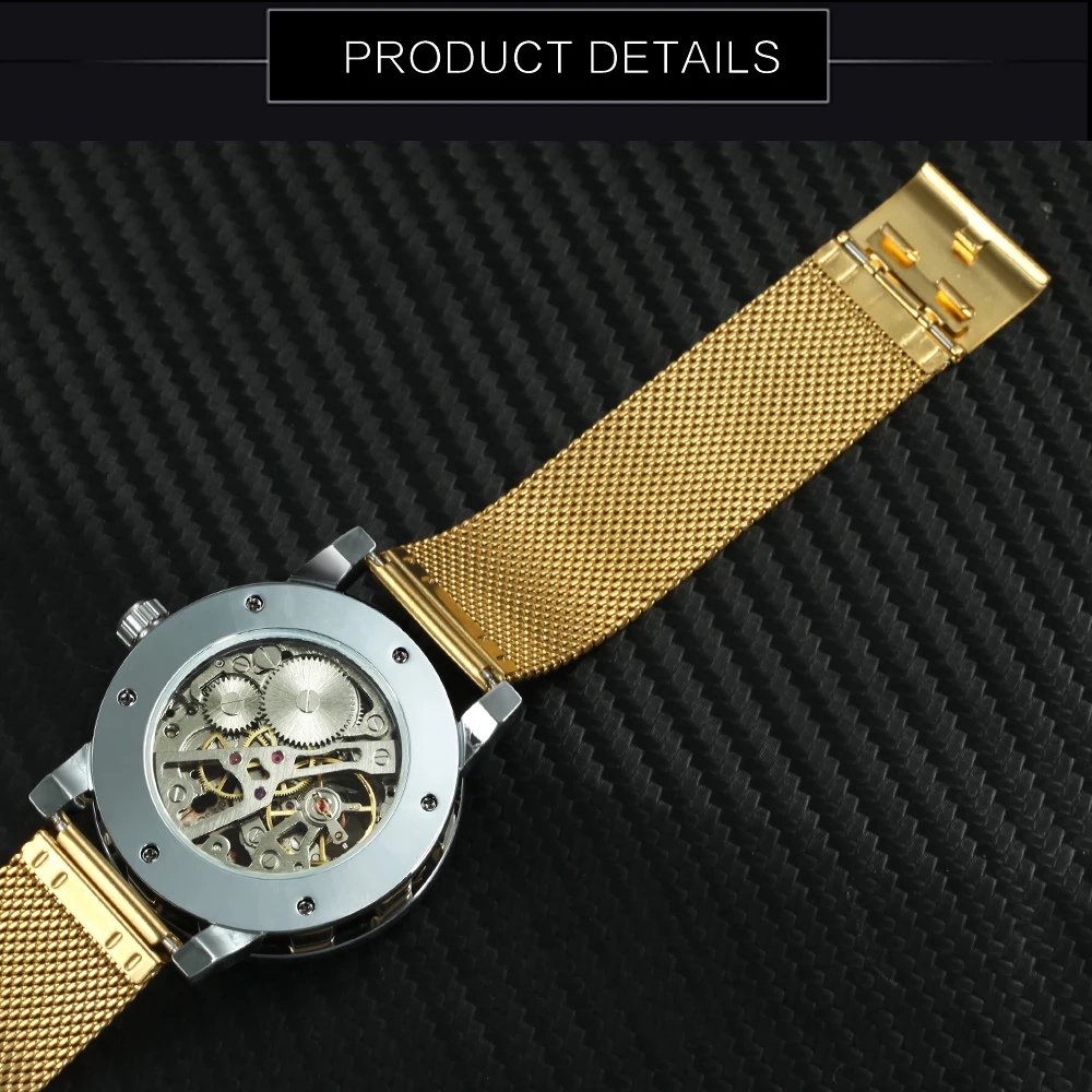 WINNER официальный бренд роскошные механические часы для мужчин Золотой Скелет часы нержавеющая сталь сетка ремешок модное платье наручные часы
