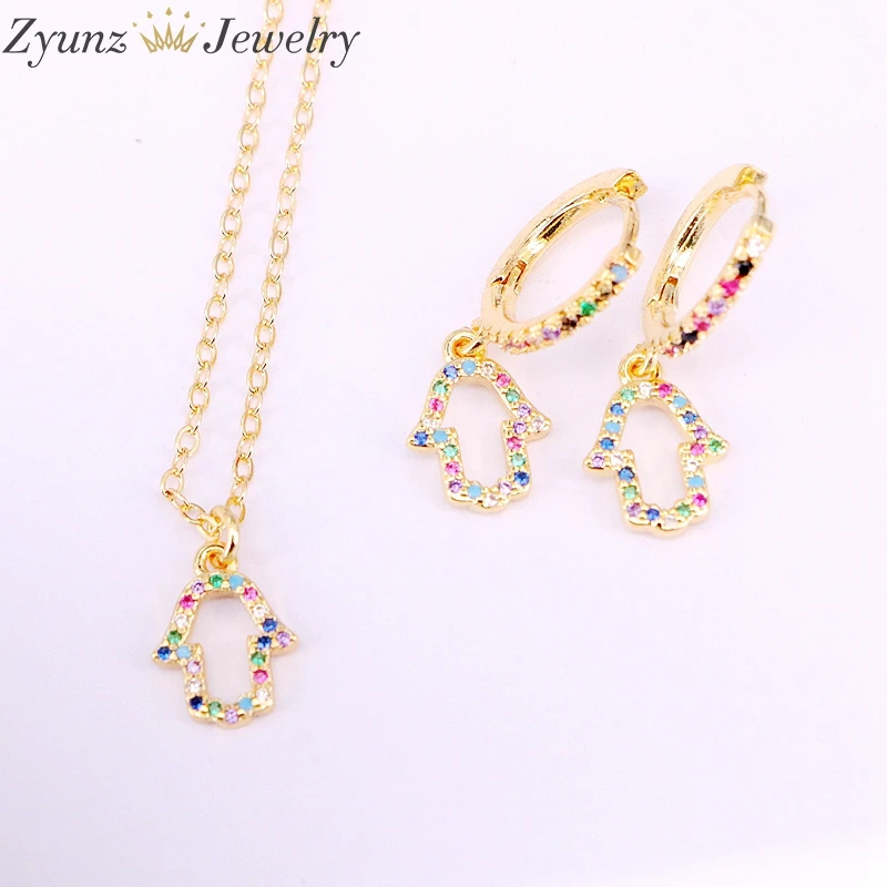 

3 Sets,Gold Filled hamsa hand/heart/cup/dancer/trangle/shoe shape Women Rainbow CZ Pendant Necklace & Dangle Earring Jewelry Set