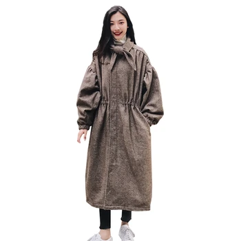 

Long Retro Trench Outwear 2018 Autumn Winter Women Lapel Elastic Waist Overcoat Lantern Sleeve Loose Elegant Big Size Coat O735