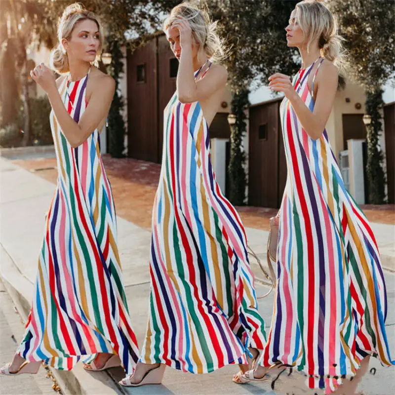 Women Summer Cocktail  Boho Long Dress Striped Summer Hot Fashion Female Party Beach Dresses Sundress