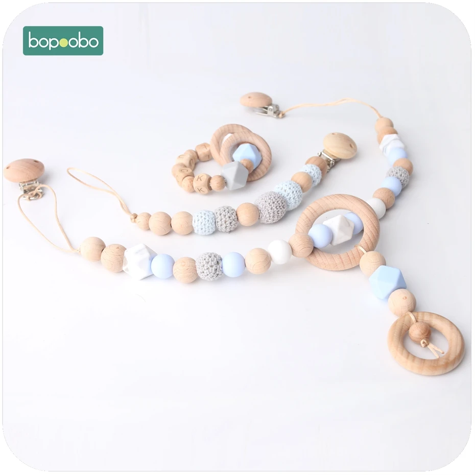 

Bopoobo 3PC/1set Beech Wooden Teething Rings Baby Toys Accessories Baby Shower Gift Montessori Rattle Sensory Chewing Toy