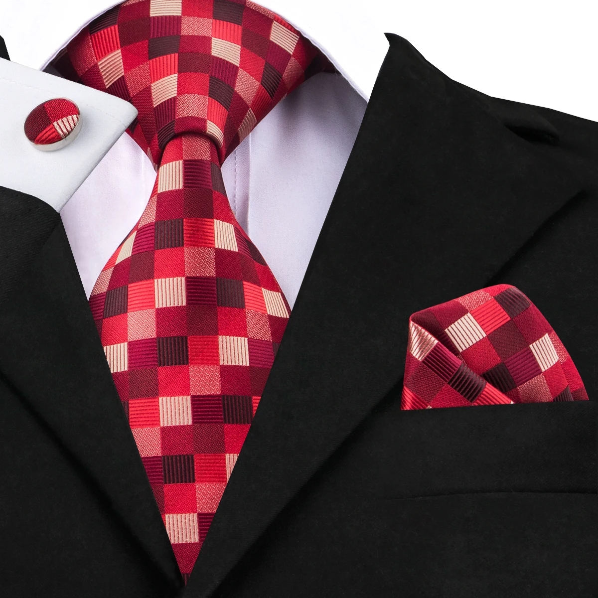 Buy Fashion Plaid Ties for Men Red Wedding Silk Tie Set Gravatas Casual Tie