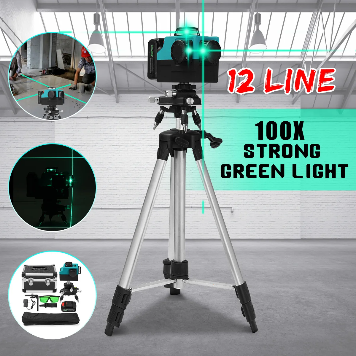 

12 Line 100xStrong Green Light 3D Laser Level Measure 360 Vertical Horizontal Self-leveling Cross Laser Beam Line w/Tripod Stand