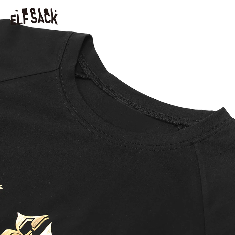 ELFSACK черные хлопковые Женские топы с буквенным принтом Модный Блестящий