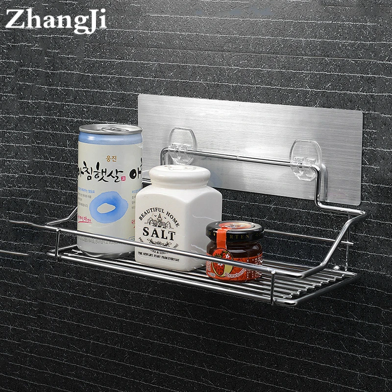ZhangJi Горячая нержавеющая сталь полка для ванной комнаты бесследная клейкая лента держатель для хранения аксессуары для ванной комнаты подвесной органайзер корзина