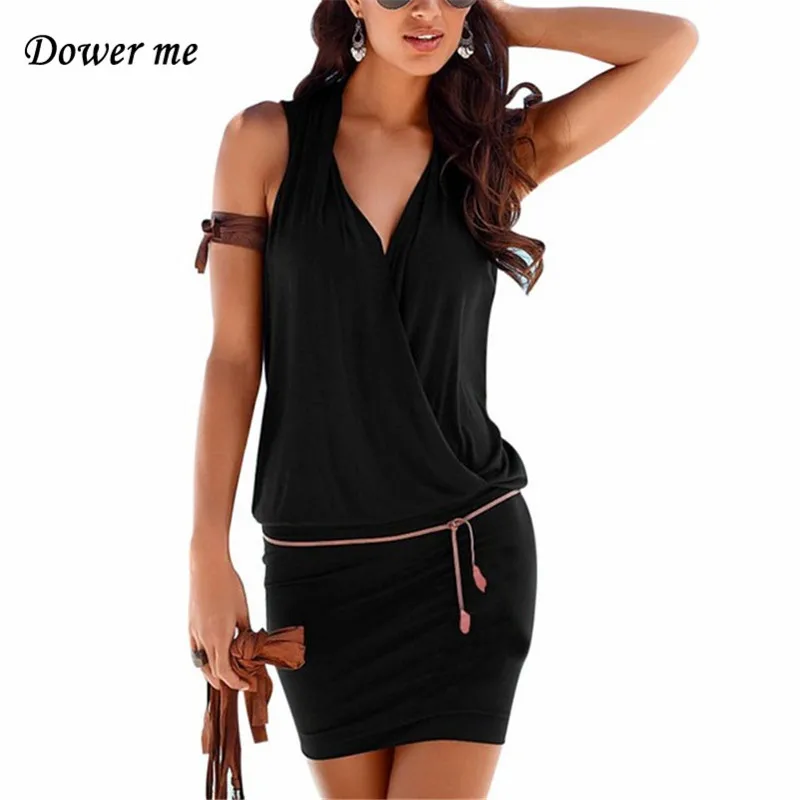 

Fashion Pure Color Women Dresses Vestidos Female Sexy Deep V-neck Sleeveless Frocks Ladies Mini Dress With Belt YN3022