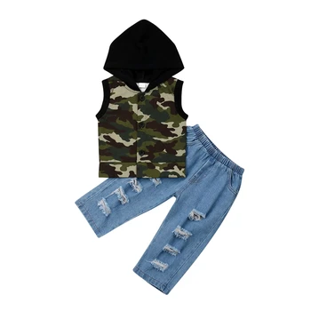 

Fashion Boys Outfits 2pcs Toddler Kid Baby Boy Camouflage Hooded Sleeveless Top+Denim Pants Summer Boys Clothing Set Kids Sets