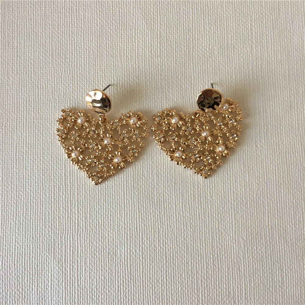 

ROMANTIC EARRINGS GOLD COLOR PLATING CLEAR STONE WITH PEARL FLOWER FILIGREE HEART DROP EARRINGS FOR WOMEN GIRL