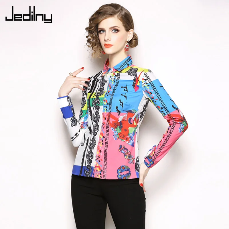 

Women Casual Blouses 2019 Spring Turn-down Collar Button Long Sleeve Elegant Office Lady Print Shir