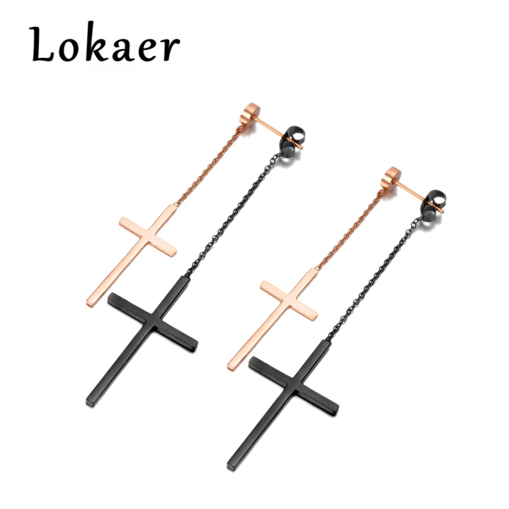 

Lokaer Classic Titanium Steel Double Cross Drop Earrings Jewelry Black & Rose Gold Color Dangle Earrings For Women E180340466