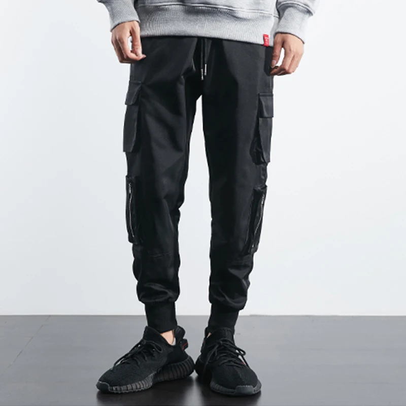 Hip Hop Men Cargo Jogger Pants Drawstring Elastic Waist Side Big Pockets