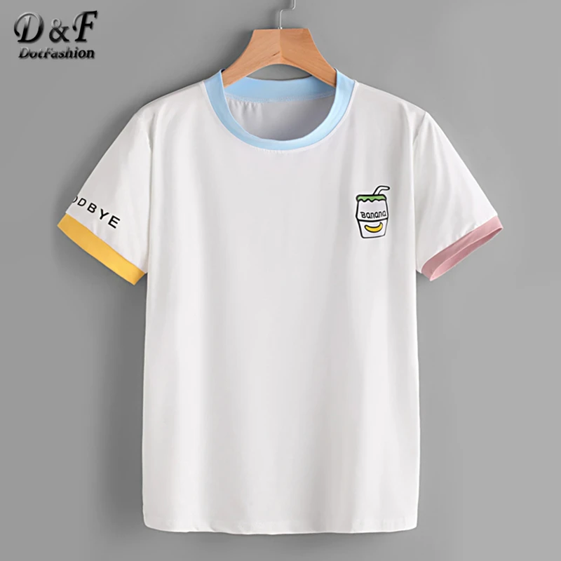 Dotfashion белая футболка с графическим принтом Ringer для женщин повседневные Kawaii Топы футболка Летняя с коротким рукавом Корейская одежда футболки