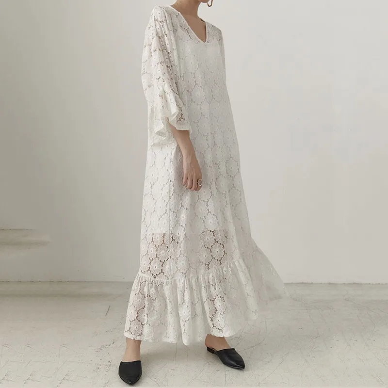 

[YaLee] New Fashion 2019 Spring Summer V-neck Flare Sleeve Lace Hollow Out Splice Ruffles Irregular Large Size Dress Women Y838