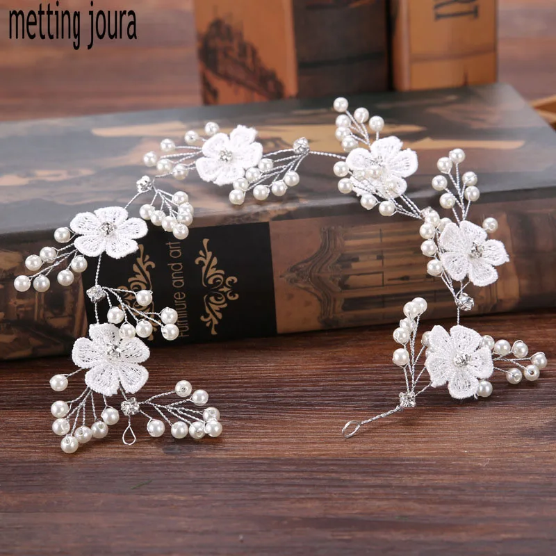 

Metting Joura Wedding Party White Lace Flower with pearl Headband Braided Handmade Hair Jewelry Hair Accessories
