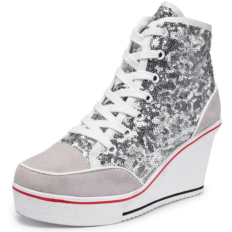 silver glitter wedge sneakers