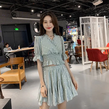 

Polka Dot Crop Top And Skirt Set White Chiffon 2 Set Woman Fashion V-neck Flare Sleeve Elastic Waist Two Piece Set Elegant New