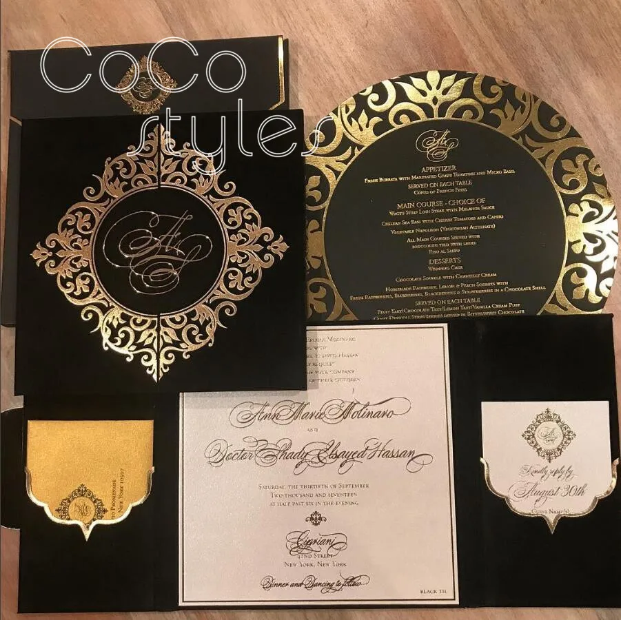  Cocostyles customized vintage black velvet hardcover boxed invitation card set with pocket inside f - 32892531703