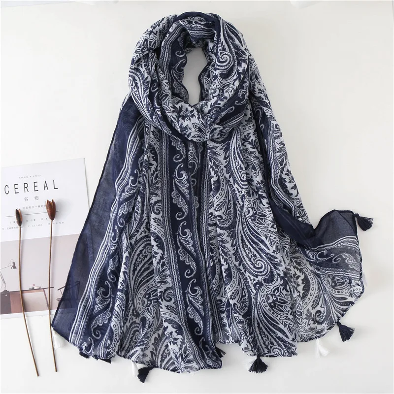 

Women High Quality Navy Blue Cashew Floral Viscose Shawl Scarf Warm Shawls Autumn Winter Muslim Hijab All Match Pashmina Wraps