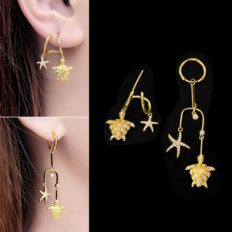 

New Hyperbole Asymmetry Gold Turtle Earrings S925 Sterling Silver Needle Cubic Zirconia Star Pendant Drop Earrings For Women