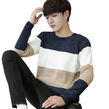

Nice Autumn New Men Fashion Youth Wild Personality Casual Loose Temperament Long-sleeved Cotton Lapel Striped Pullover Sweater