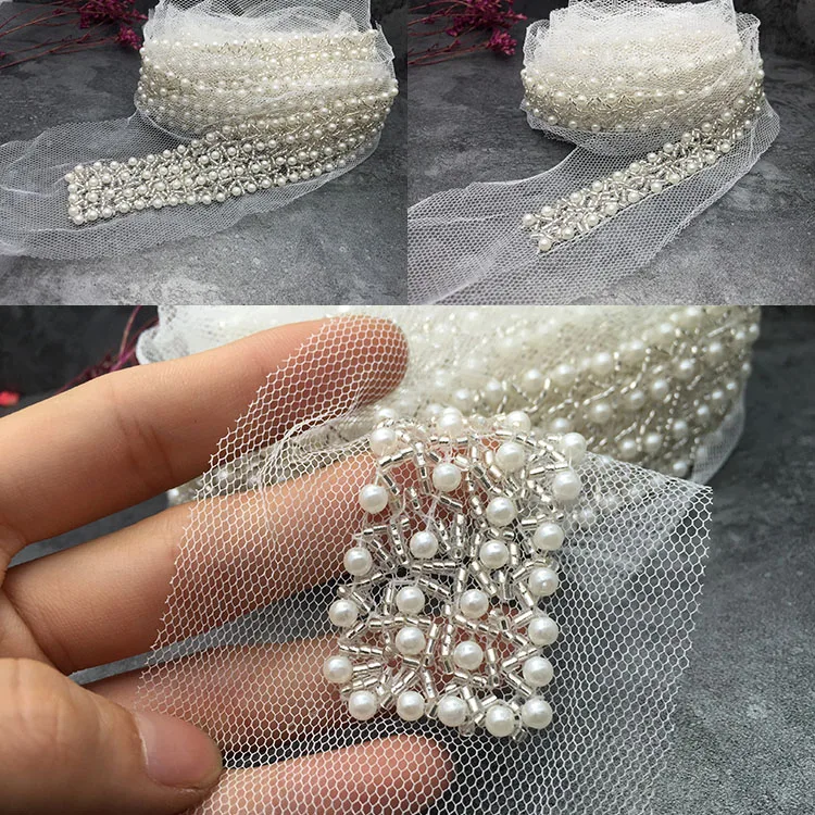 

white peal beaded rhinestone Wedding dress accessories Beaded Lace Trim fabric applique patches sew on trim for clothing